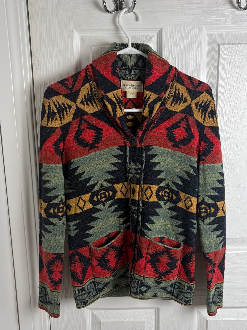 Denim & supply Ralph Lauren Shawl Collar Aztec Knit Cardigan - Red/Green/Gold XS